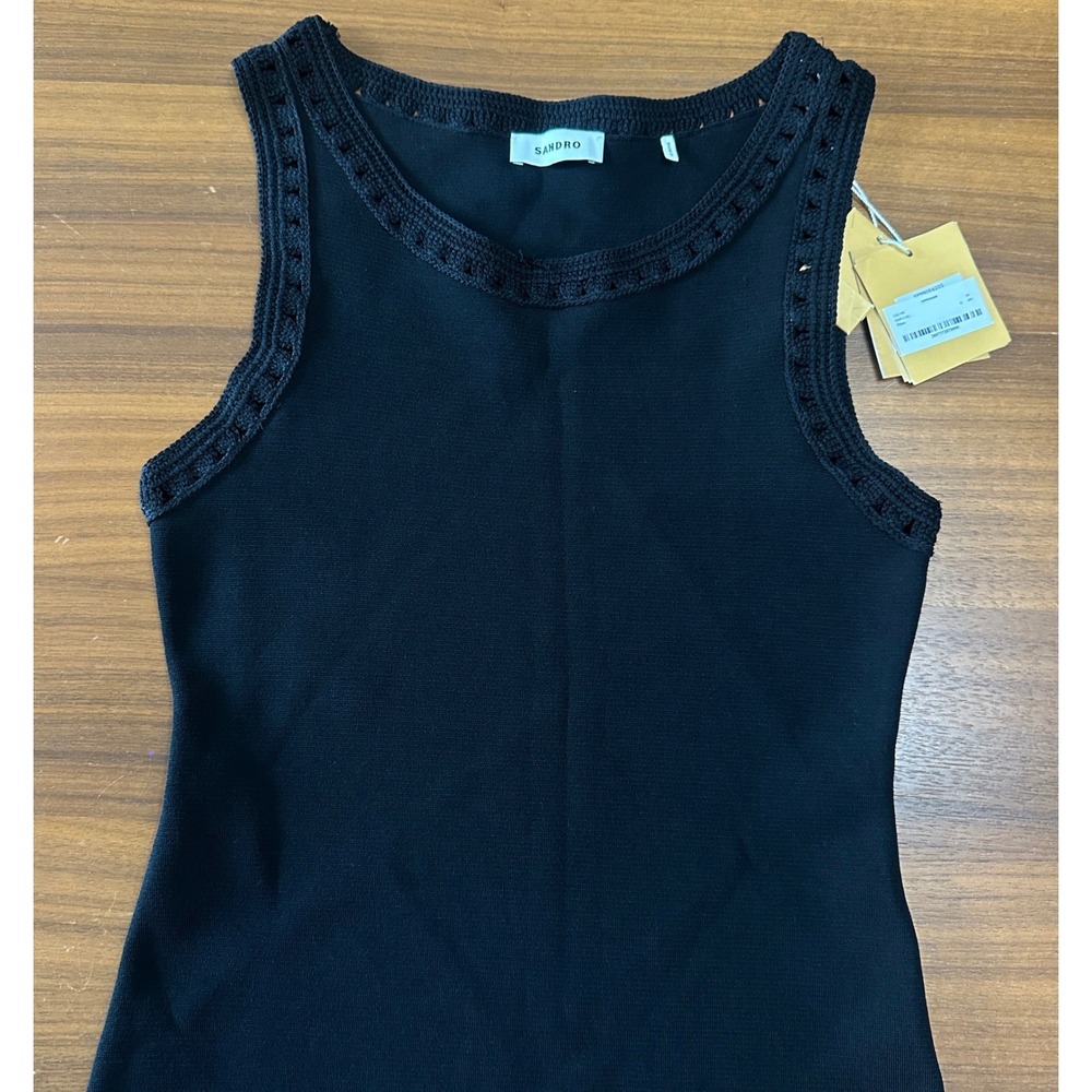 Sandro Crochet Fringe Black Resort Concert Midi Knit Dress, Cocktail LBD Large/8 - Picture 6 of 16